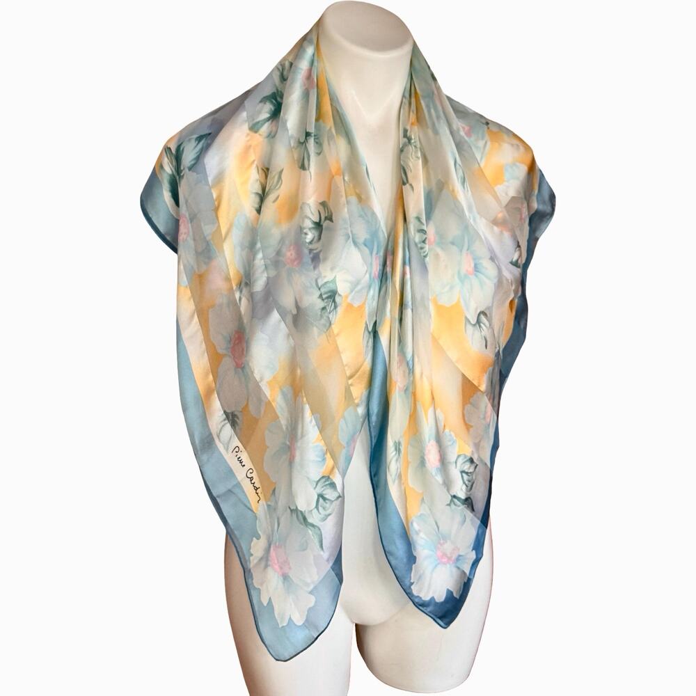 Vintage Pierre Cardin Paris Silk Scarf 34” Watercolor Floral Blue Yellow 1980s - Picture 5 of 10